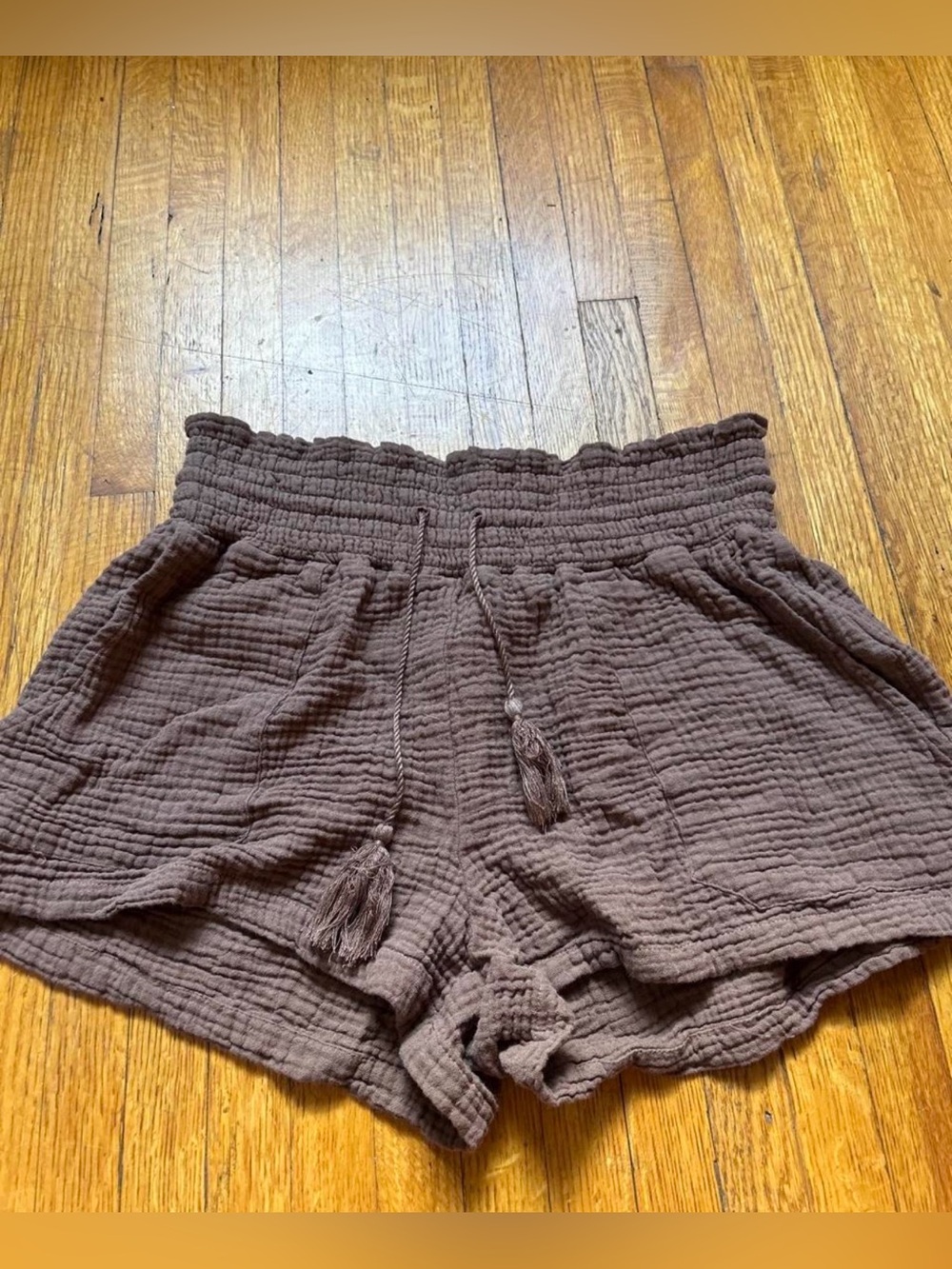 Indigo Rein Brown Gauze High-Waist Shorts with Tassel Tie
